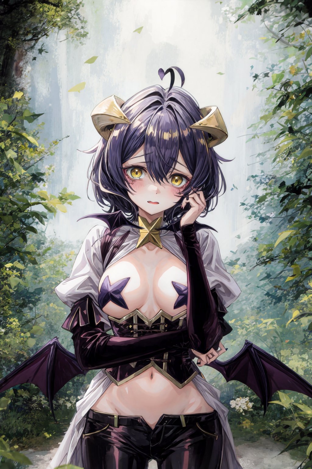 magiabaiser, portrait, short hair, black hair, ahoge, bangs, hair between eyes, demon horns, yellow eyes, symbol-shaped pupils, wings, black nails, corset, long pants, lowleg pants, puffy sleeves, navel, star pasties, floating, embarrassed, forest, night <lora:magia_baiser-v2:0.85>  <lora:add_detail:1>