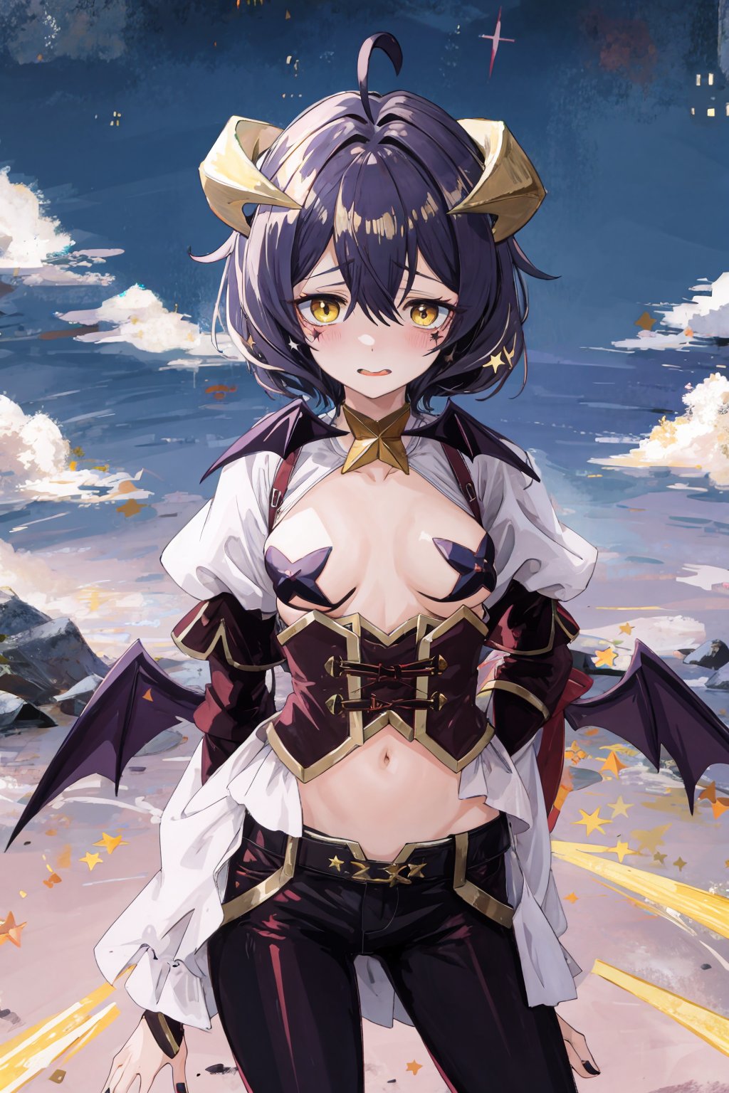 magiabaiser, portrait, short hair, black hair, ahoge, bangs, hair between eyes, demon horns, yellow eyes, symbol-shaped pupils, wings, black nails, corset, long pants, lowleg pants, puffy sleeves, navel, star pasties, floating, embarrassed, mountain, river, night <lora:magia_baiser-v2:0.85>