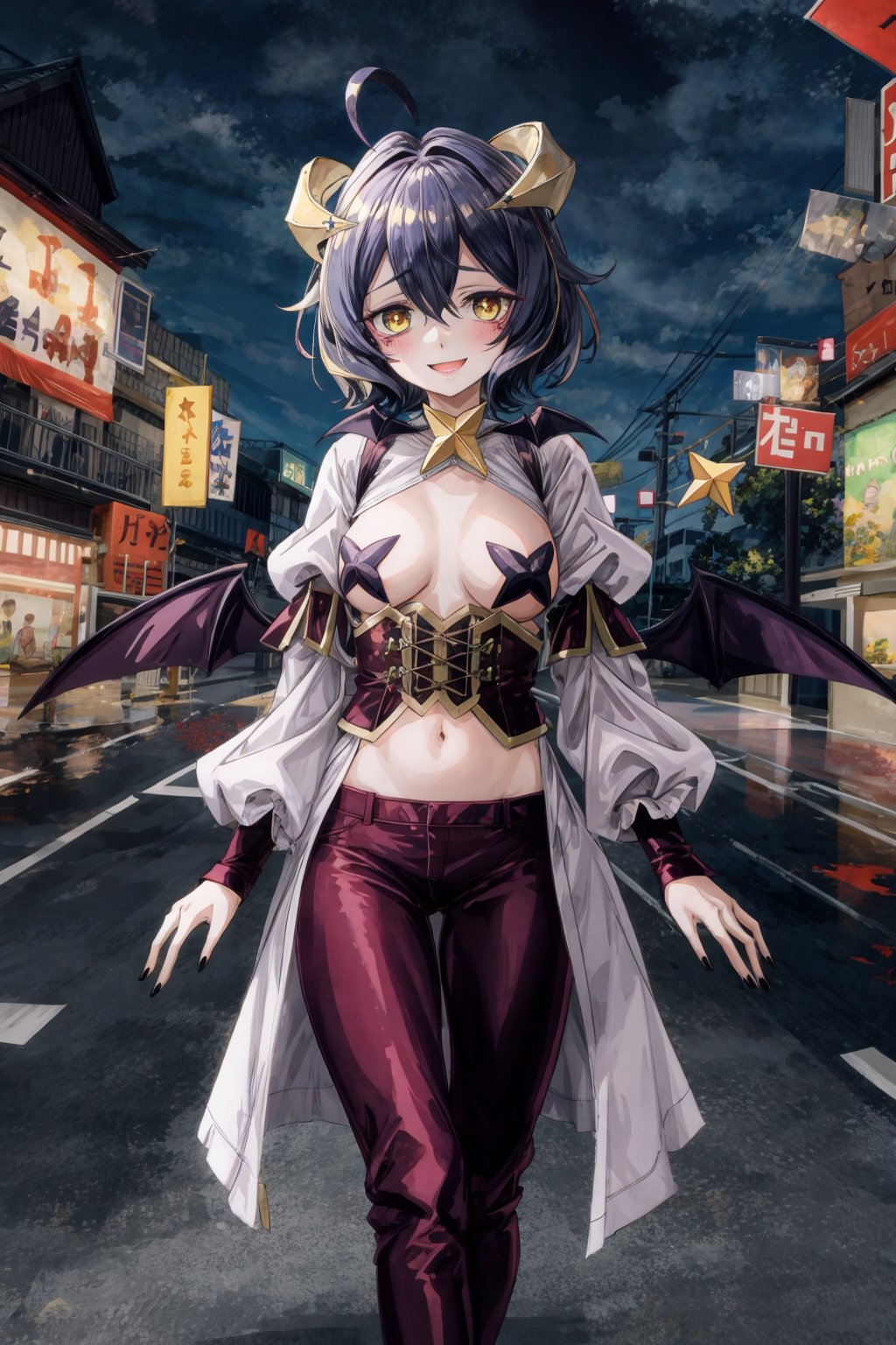 magiabaiser, , short hair, black hair, ahoge, bangs, hair between eyes, demon horns, yellow eyes, symbol-shaped pupils, wings, black nails, corset, long pants, lowleg pants, puffy sleeves, navel, star pasties, walking, smile, city, night <lora:magia_baiser-v2:0.85>  <lora:add_detail:1>