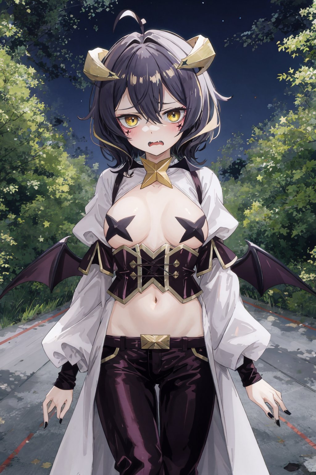 magiabaiser, portrait, short hair, black hair, ahoge, bangs, hair between eyes, demon horns, yellow eyes, symbol-shaped pupils, wings, black nails, corset, long pants, lowleg pants, puffy sleeves, navel, star pasties, walking, angry, forest, night <lora:magia_baiser-v2:0.85>