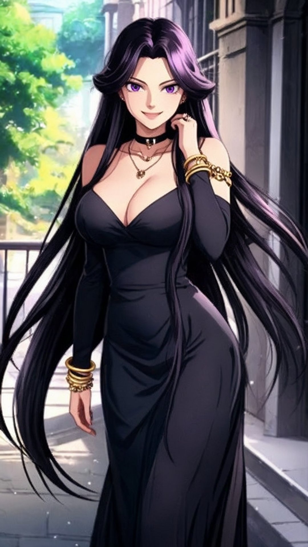 Pandora, Big Breast, Long Hair, Dress, Purple Eyes, Very Long Hair, Black Hair, Collarbone, Smile, Bracelet, Cleavage, Necklace, Jewelry, Choker, black long dress
