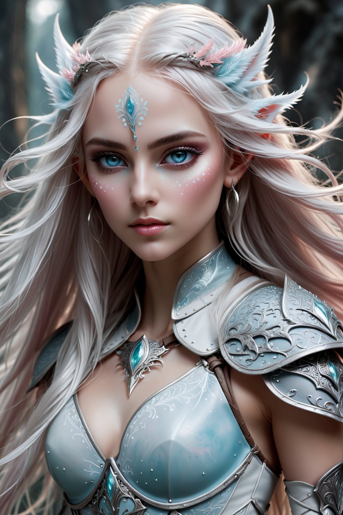 best quality, highres, masterpiece, detailed painting, captivating dark elf, mesmerizing ice blue eyes, delicate white tattoo with intricate dots on her face, long flowing hair in white with wisps of light pink and pale teal, ethereal appearance, leather strapped armor, fierce yet elegant warrior spirit, stunning combination of colors, incredibly detailed image, immersive high-quality resolution, intricate nuances of the dark elf's features, meticulous craftsmanship, attention to detail, brings the dark elf to life, captivates viewers, sheer artistry, brilliance