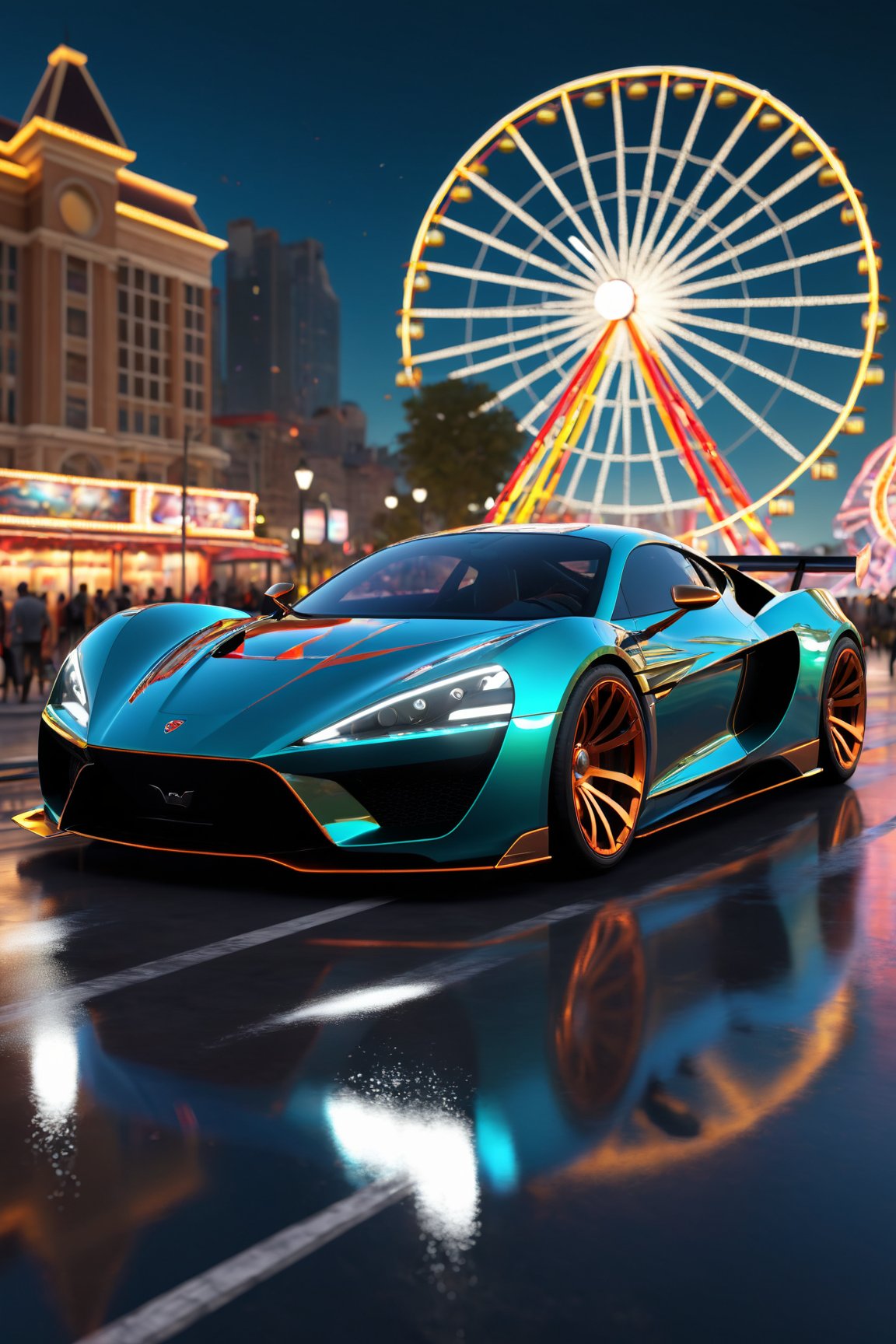 3d,sports car,smoke,fair,best quality,4k,8k,highres,masterpiece:1.2,ultra-detailed,realistic:1.37,metallic,shiny,new,modern,fast,aggressive design,glowing headlights,curved body,streamlined,reflections on the surface,elegant interior,leather seats,advanced dashboard,high-tech features,vibrant colors,sleek lines,precision engineering,high-performance engine,exhaust pipes,futuristic wheels,powerful acceleration,carbon fiber accents,smoke trails,dynamic motion,roaring engine,thrilling speed,night scene,blinking city lights,tall buildings,illuminated ferris wheel,exciting atmosphere,people in awe,celebration,happy faces,energetic music,colorful carnival rides,confetti floating in the air.