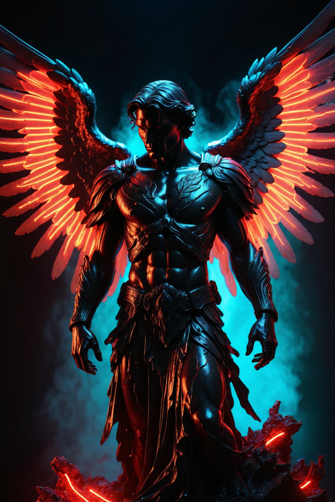 (best quality,4k,8k,highres,masterpiece:1.2),ultra-detailed,(realistic,photorealistic,photo-realistic:1.37),illustration,dark silhouette of a rotten archangel man,ghostly figure,neon lights,light particles,colorful,red,black colors,strong backlighting