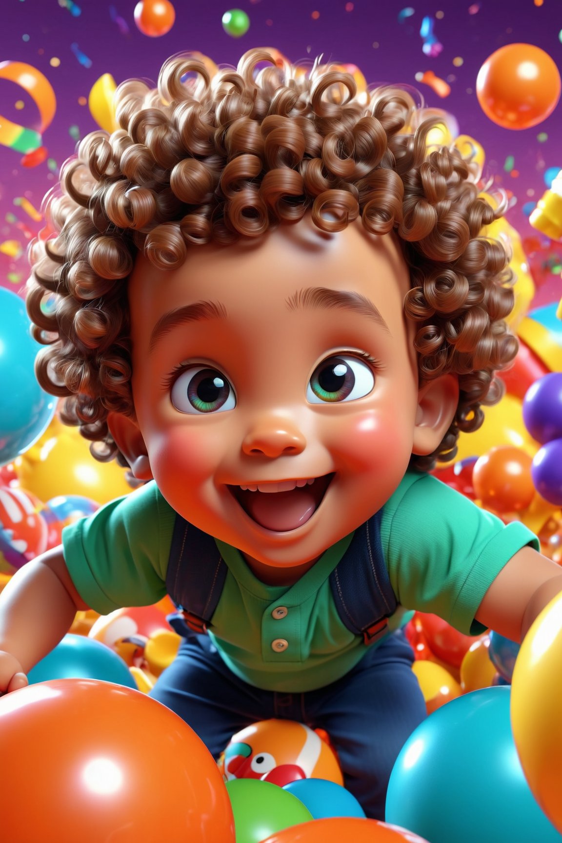 (baby boy),3D,adorable,bright colors,cute eyes,cartoon style,cheerful,playful,smiling,curly hair,colorful background,lively scene,expressive face,funny pose,joyful atmosphere,happy,bubbly,popart,whimsical,colored lights,bouncing energy,dynamic movements,surrounded by toys,magical environment,motion blur,high quality animation,artistic details.