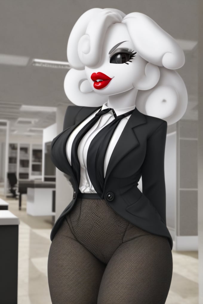 (8k) (high res) (best quality) (masterpiece) 1girl, yuki_yoshida, white hair, hair over one eye, black sclera, lipstick, suit, office,