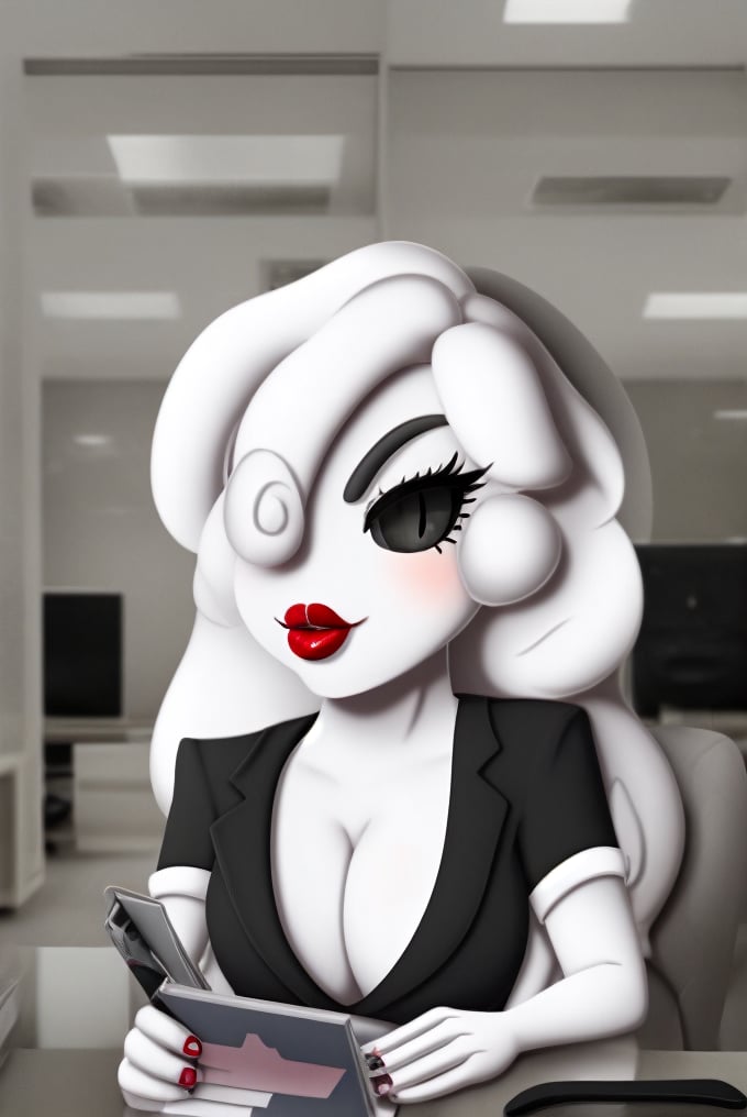 (8k) (high res) (best quality) (masterpiece) 1girl, yuki_yoshida, white hair, hair over one eye, black sclera, lipstick, suit, office,