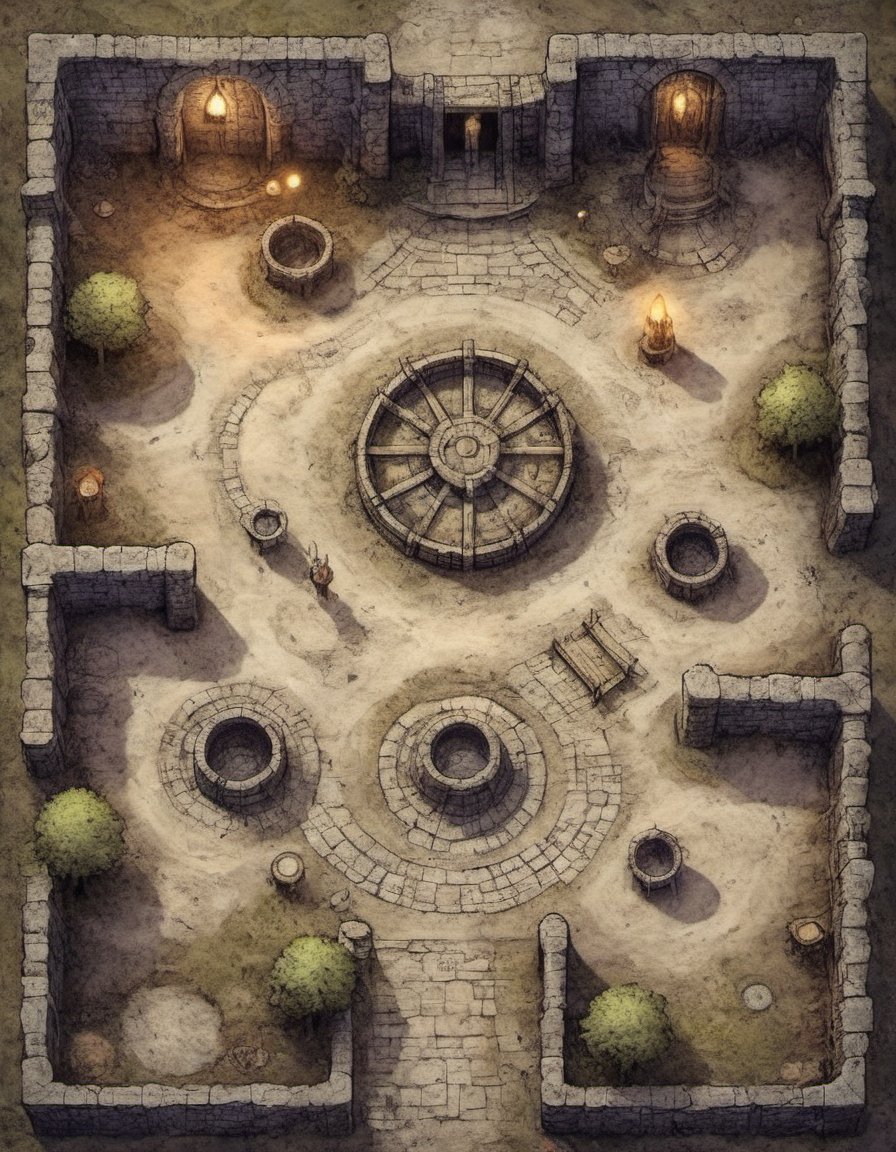 top down view of an rpg battlemap around a well and benches expert cartography D&D fantasy horror creature magical glowing light dust and lights cobbles massive 