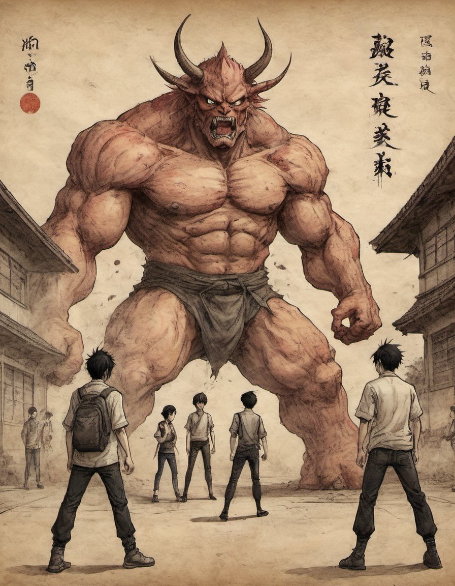 on parchment anime style illustration 3 high schoolers clash with giant oni in front of a japanese high school Shōnen art style scenery