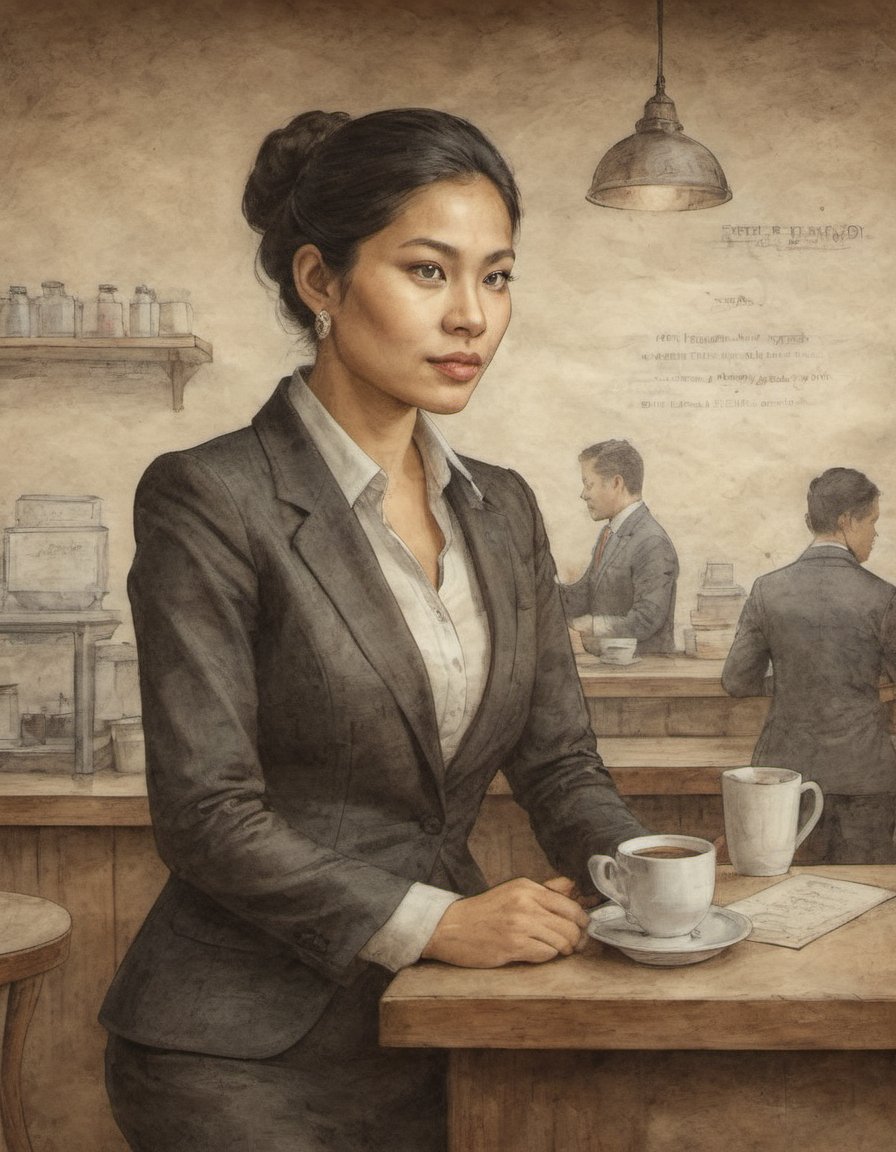 on parchment portrait of a Filippino woman in a business suit at a bustling coffee shop