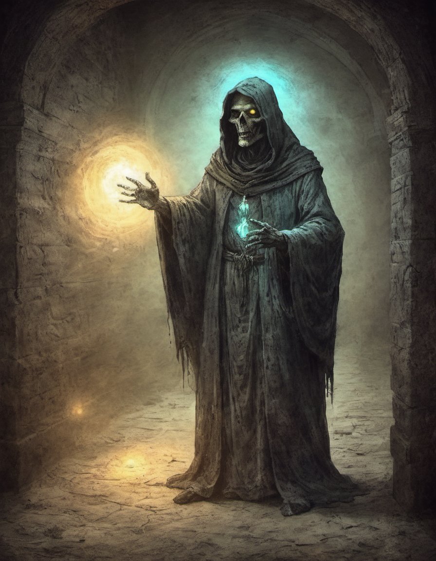 on parchment fearsome undead spectral glowing luminous liche priest mage illuminating a dark abandoned stone hallway mythical horror creature magical glowing light dust and lights
