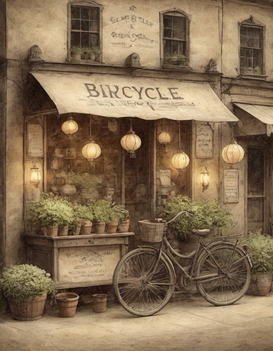on parchment bicycle shop storefront ground vehicle paper lantern plant sign scenery