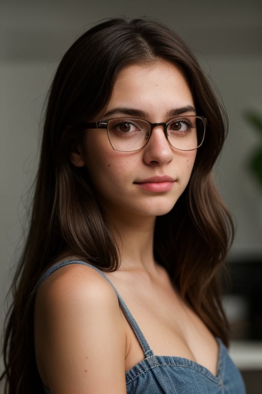 professional, masterpiece, 8k, hyperrealistic portrait of a 20yo cute brunette latin girl, long hair, glasses, (looking shy:1.3), freckles, detailed face, detailed skin, photography, hq, photorealistic,