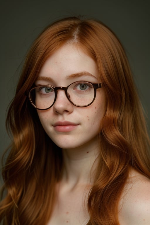 professional, masterpiece, 8k, hyperrealistic portrait of a 20yo cute ginger girl, long hair, redhead, glasses, (looking shy:1.3), freckles, detailed face, detailed skin, photography, hq, photorealistic,