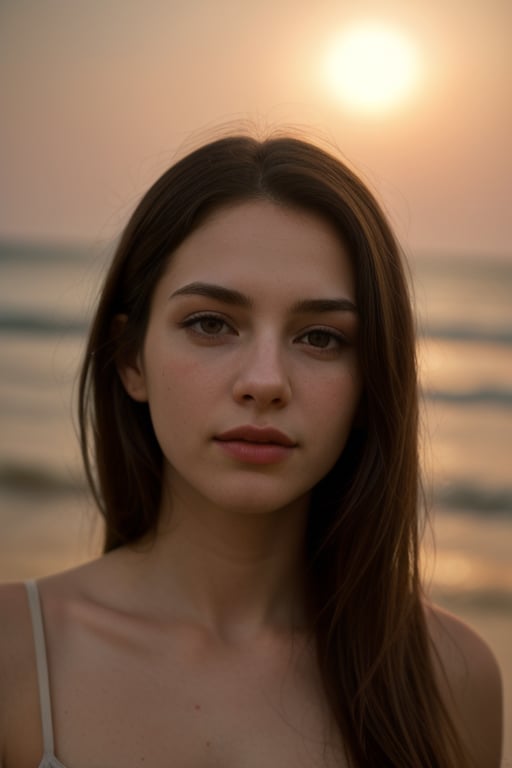 (hazel-green eyes), detailed eyes, (detailed face),  ((long hair)) , (portrait), (head tilt up), (((Call of Beauty, marvellous art, wonderful colours))) ((beach, sunset, natural lighting)), ((splendid scene)) (((face portrait))) (((realistic))) , (masterpiece, best quality), intricate details, realistic, photorealistic,  flawless structure, masterpiece, (portrait), natural skin, (long hair), oiled skin, subsurface scattering, shot with cinematic camera, soft lighting, high quality, best quality, masterpiece, best picture, lovely, stunning