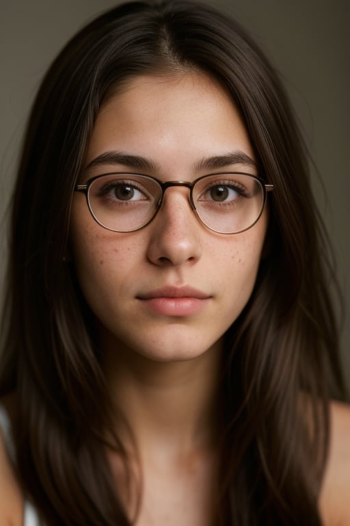 professional, masterpiece, 8k, hyperrealistic portrait of a 20yo cute brunette latin girl, long hair, glasses, (looking shy:1.3), freckles, detailed face, detailed skin, photography, hq, photorealistic,