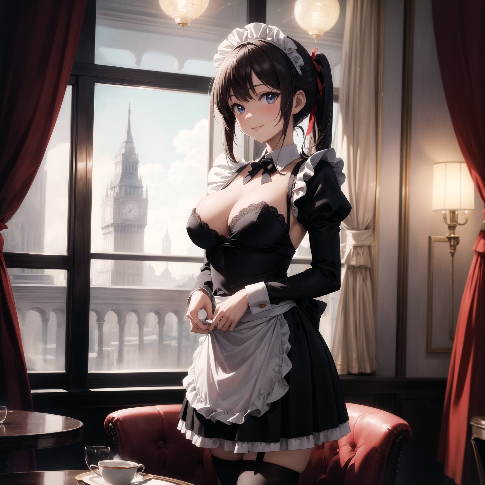 (masterpiece, best quality), (ultra detailed),(absurdres),(detailed anatomy:1.3),nice hands, nice fingers,cowboy shot, anime beautiful woman, england maid, (maid costume:1.3), solo, formal smile, (huge breast:0.8), sexy body, she is working at Luxury hotel tea lounge,<lora:more_details:0.3>, BREAKsfw, (masterpiece, best quality:1.4), (ultra detailed),(absurdres), Perfect delicate (animation cel),