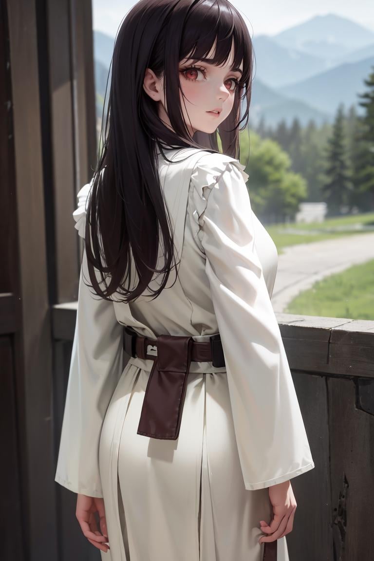 masterpiece, best quality, absurdres, 1girl, solo, JediOutfit, robe, belt, black hair, long hair, red eyes, from behind, looking back, <lora:JediOutfit:1>