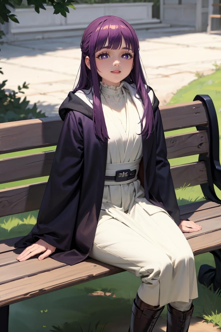 masterpiece, best quality, absurdres, 1girl, solo, JediOutfit, robe, belt, boots, FernFrieren, very long hair, purple eyes, (purple pupils), smile, outdoors, sitting, bench, <lora:JediOutfit:1>, <lora:Fern:0.8> 