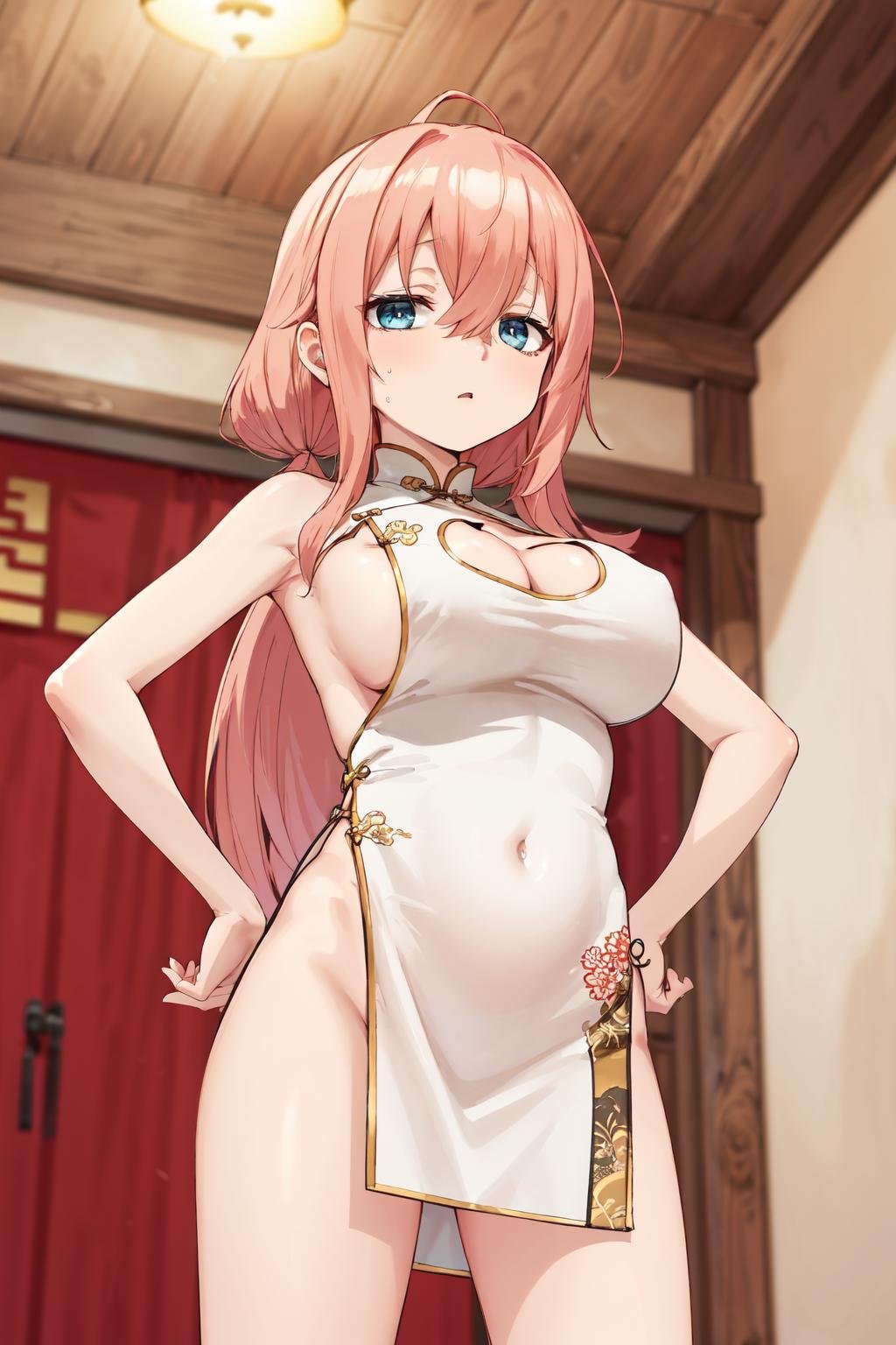 masterpiece,best quality,highres,ultra-detailed,aakomaro,long hair,hair between eyes,large breasts,<lora:michinoku_komaro:0.7>,bare shoulders,china dress,chinese clothes,short dress,cleavage cutout,sideboob,thighs,hands_on_hips,(furrowed_brow:1.2),indoors,front view,from_below,