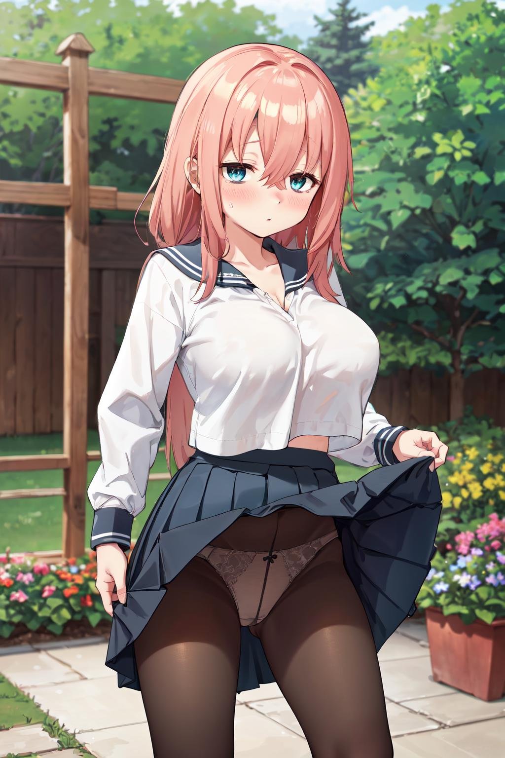 masterpiece,best quality,highres,ultra-detailed,aakomaro,long hair,hair between eyes,large breasts,school uniform,sailor collar,white shirt,long sleeves,blue skirt,(pantyhose:1.2),black pantyhose,loafers,<lora:michinoku_komaro:0.7>,(skirt lift:1.4),(pants over pantyhose:1.4),(blush:1.2),(embarrass:1.4),outdoors,garden,lace-trimmed panties,