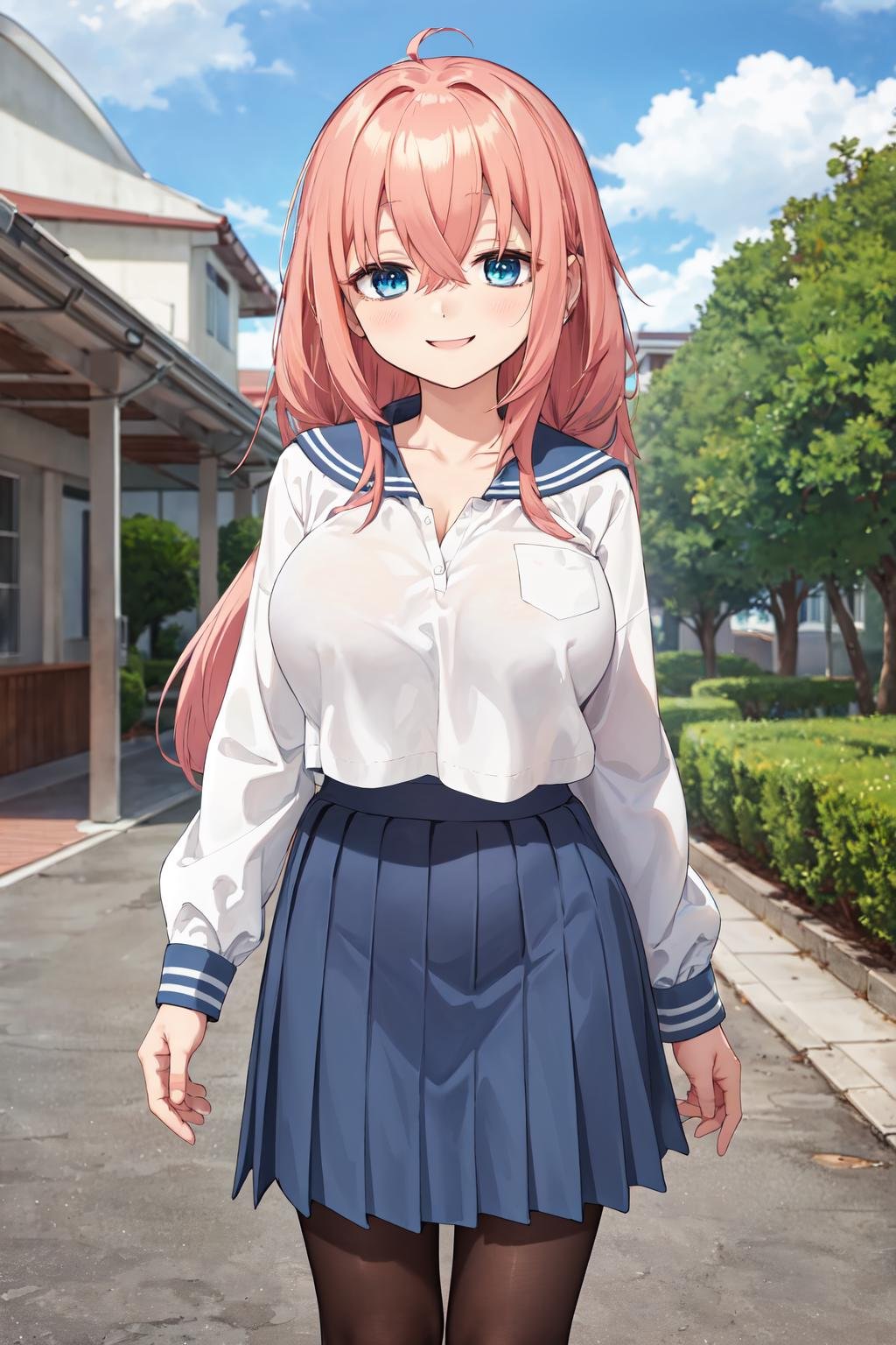 masterpiece,best quality,highres,ultra-detailed,aakomaro,long hair,hair between eyes,large breasts,school uniform,sailor collar,white shirt,long sleeves,blue skirt,(pantyhose:1.2),black pantyhose,loafers,<lora:michinoku_komaro:0.7>,outdoors,standing,cowboy shot,smile,