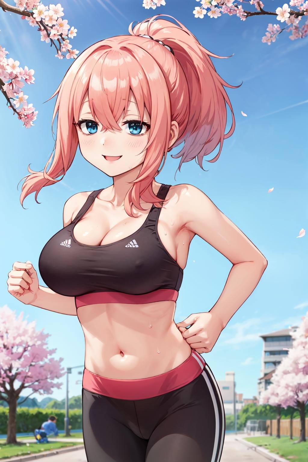 masterpiece,best quality,highres,ultra-detailed,aakomaro,long hair,hair between eyes,large breasts,<lora:michinoku_komaro:0.7>,sports bra,(leggings:1.2),outdoors,cherry blossoms,smile,sweat,running,ponytail, 