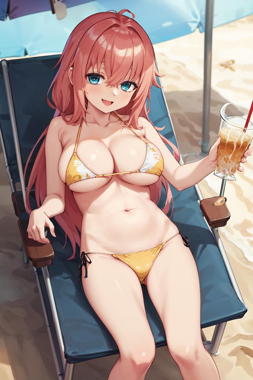 masterpiece,best quality,highres,ultra-detailed,aakomaro,long hair,hair between eyes,large breasts,<lora:michinoku_komaro:0.7>,beach,beach umbrella,beach chair,on back,:d,sideways_glance,cup,holding cup,bikini,