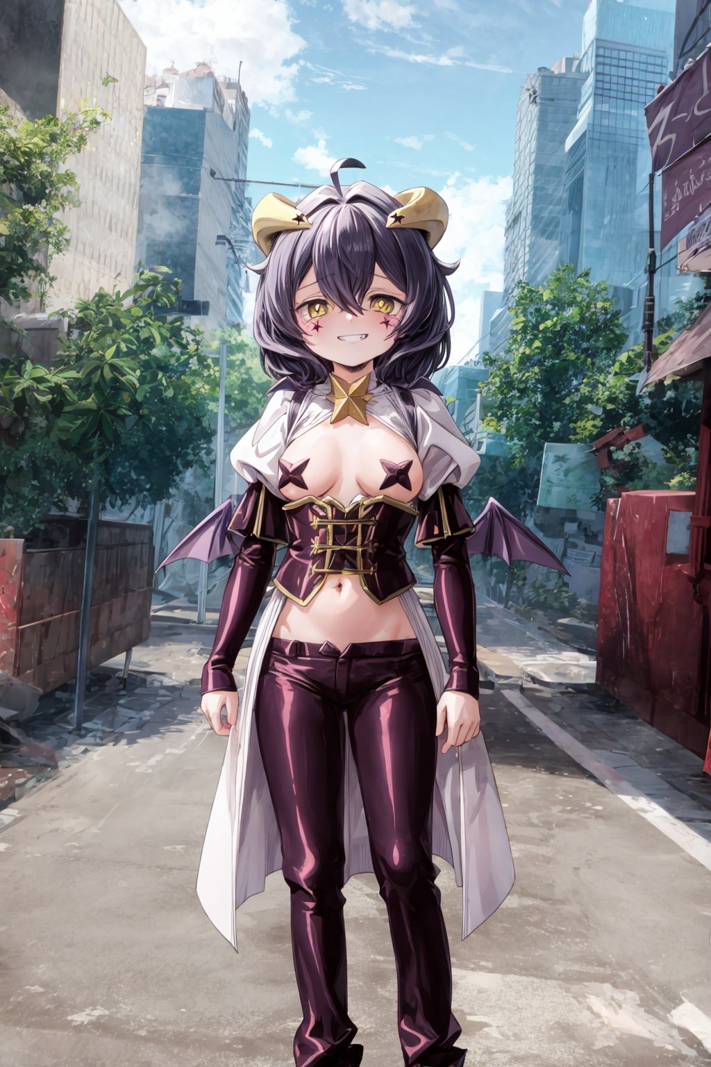 magiabaiser, short hair, black hair, ahoge, bangs, hair between eyes, demon horns, yellow eyes, symbol-shaped pupils, wings, corset, long pants, (lowleg pants:1.2), puffy sleeves, navel, star pasties, (smirk:1.2), standing, city,  <lora:magia_baiser-v2.5-000007:0.8>  <lora:add_detail:1>