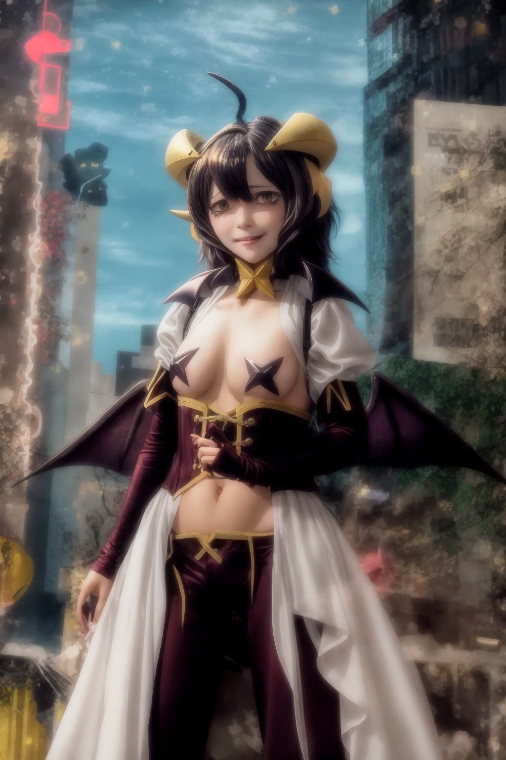 magiabaiser, short hair, black hair, ahoge, bangs, hair between eyes, demon horns, yellow eyes, symbol-shaped pupils, wings, corset, long pants, (lowleg pants:1.2), puffy sleeves, navel, star pasties, (smirk:1.2), standing, city,  <lora:magia_baiser-v2.5-000007:1>  <lora:add_detail:1>