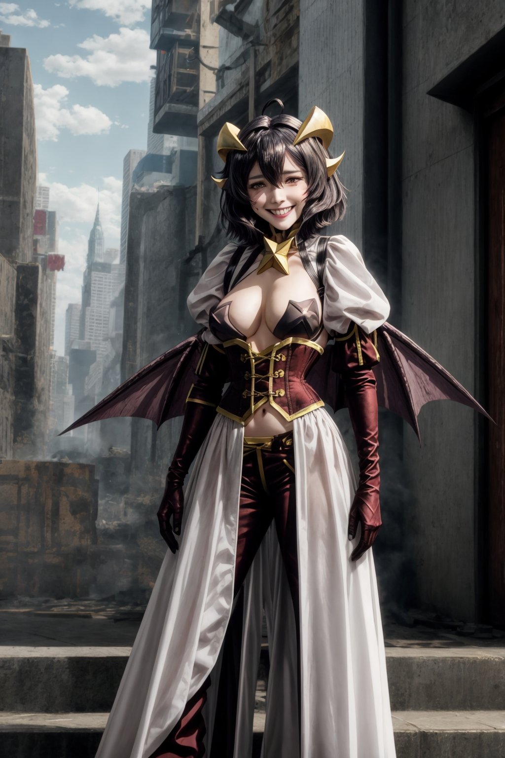 magiabaiser, short hair, black hair, ahoge, bangs, hair between eyes, demon horns, yellow eyes, symbol-shaped pupils, wings, corset, long pants, (lowleg pants:1.2), puffy sleeves, navel, star pasties, (smirk:1.2), standing, city,  <lora:magia_baiser-v2.5-000007:0.8>  <lora:add_detail:1>