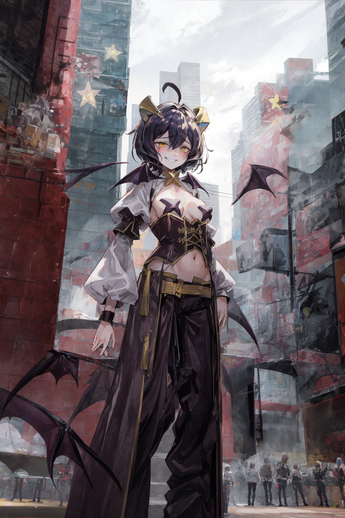 magiabaiser, short hair, black hair, ahoge, bangs, hair between eyes, demon horns, yellow eyes, symbol-shaped pupils, wings, corset, long pants, (lowleg pants:1.2), puffy sleeves, navel, star pasties, (smirk:1.2), standing, city,  <lora:magia_baiser-v2.5-000007:0.8>  <lora:add_detail:1>