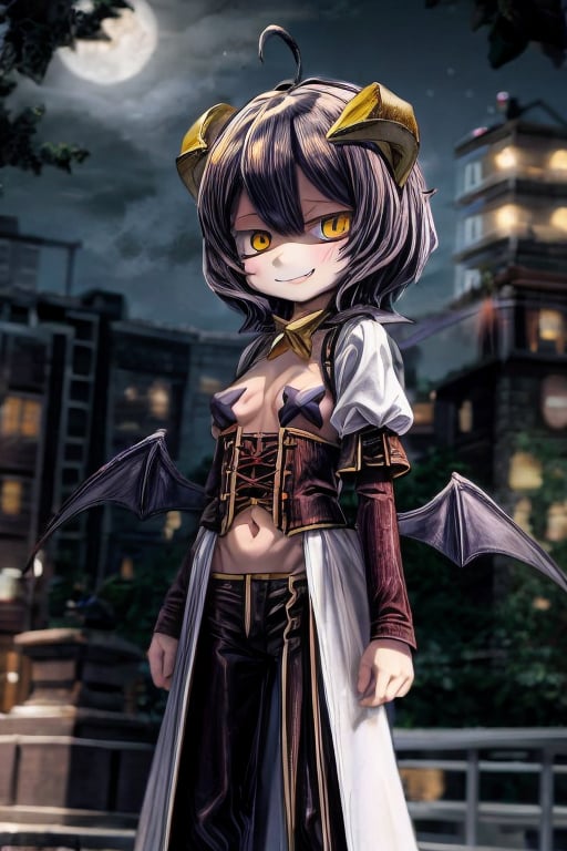 magiabaiser, short hair, black hair, ahoge, bangs, hair between eyes, demon horns, yellow eyes, symbol-shaped pupils, wings, corset, long pants, (lowleg pants:1.2), puffy sleeves, navel, star pasties, (smirk:1.2), standing, city, night <lora:magia_baiser-v2.5-000007:0.8>  <lora:add_detail:1>