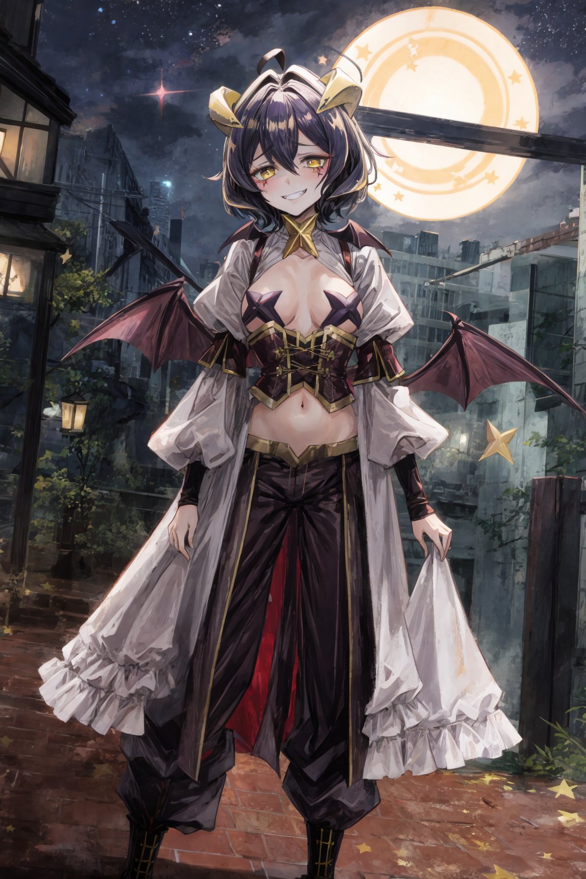 magiabaiser, short hair, black hair, ahoge, bangs, hair between eyes, demon horns, yellow eyes, symbol-shaped pupils, wings, corset, long pants, (lowleg pants:1.2), puffy sleeves, navel, star pasties, (smirk:1.2), standing, city, night <lora:magia_baiser-v2.5-000007:0.8>  <lora:add_detail:1>