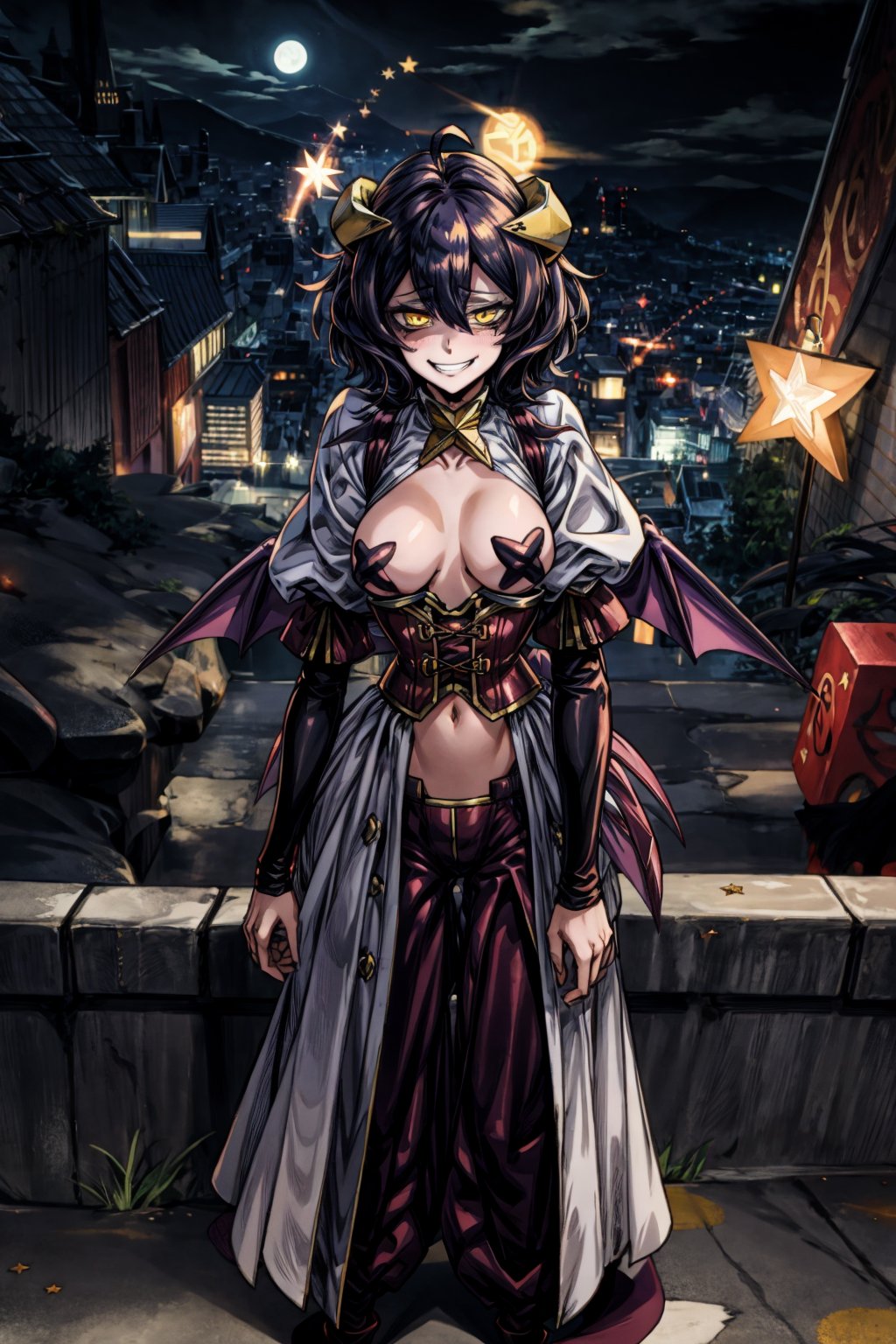 magiabaiser, short hair, black hair, ahoge, bangs, hair between eyes, demon horns, yellow eyes, symbol-shaped pupils, wings, corset, long pants, (lowleg pants:1.2), puffy sleeves, navel, star pasties, (smirk:1.2), standing, city, night <lora:magia_baiser-v2.5-000007:0.8>  <lora:add_detail:1>