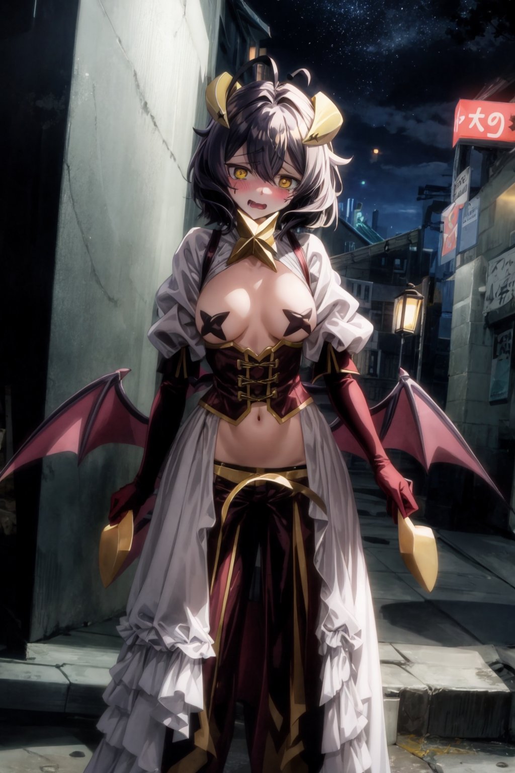 magiabaiser, short hair, black hair, ahoge, bangs, hair between eyes, demon horns, yellow eyes, symbol-shaped pupils, wings, corset, long pants, (lowleg pants:1.2), puffy sleeves, navel, star pasties, embarrassed, standing, city, night <lora:magia_baiser-v2.5-000007:0.8>  <lora:add_detail:1>