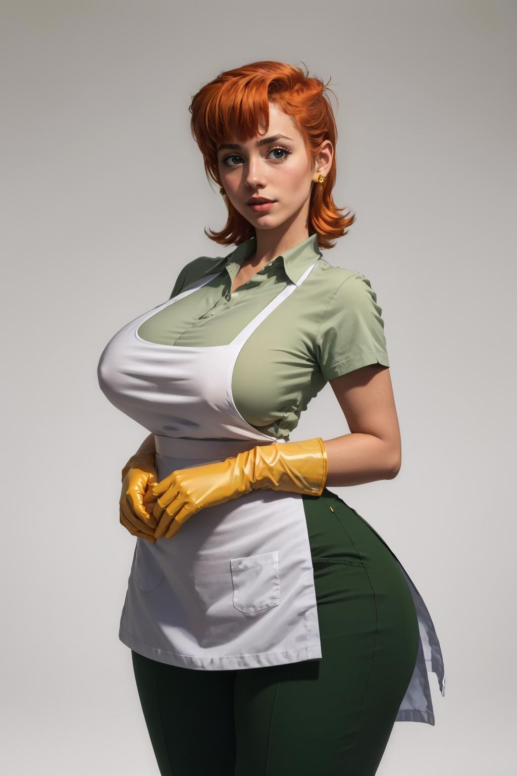 (masterpiece, best quality:1.2),  <lora:dextersmom:1>, dextersmom, 1girl, solo, looking at viewer, large breasts, wide hips, gloves, apron, jewelry, pants, shirt, simple background, white background, 