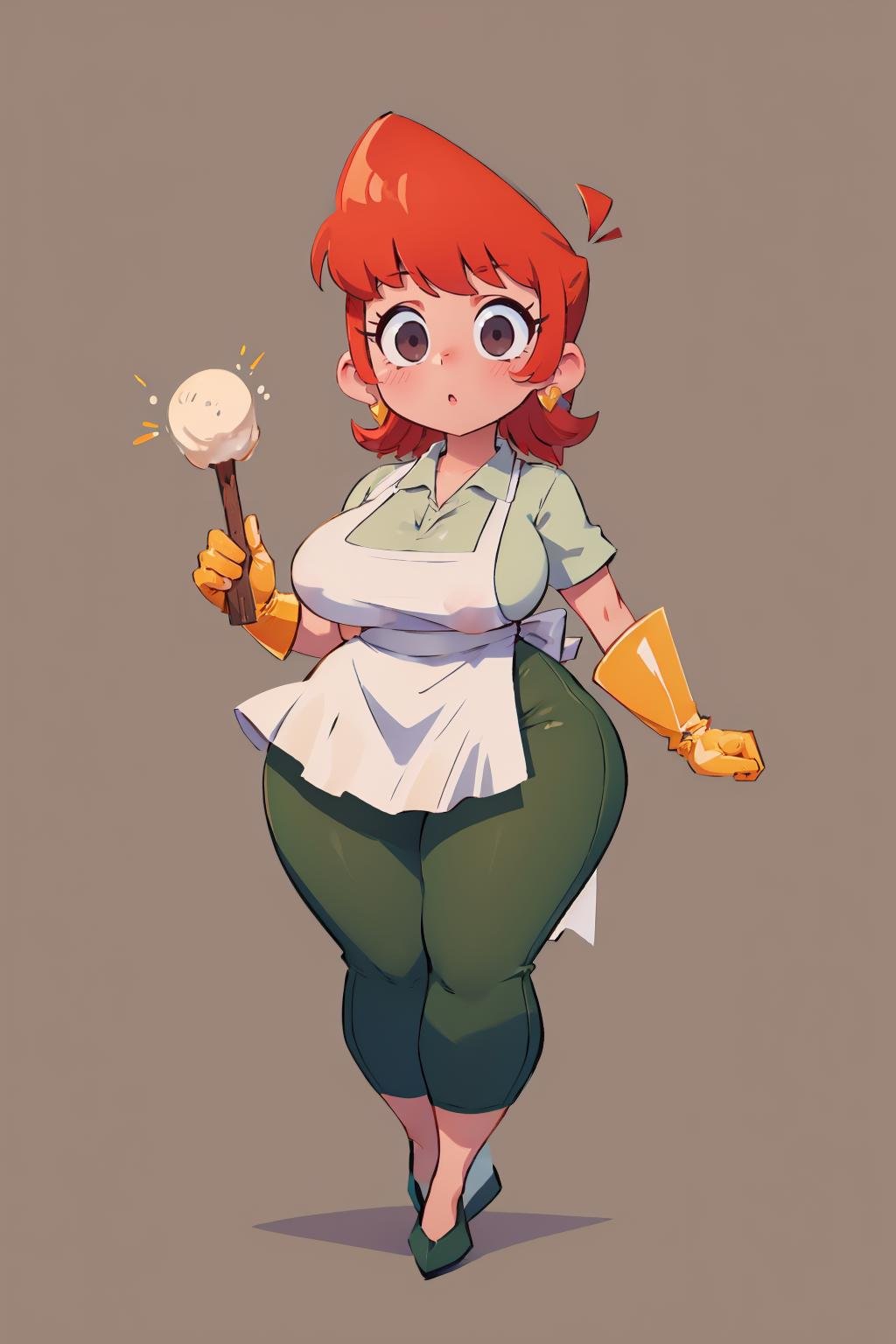 (masterpiece, best quality:1.2),  <lora:dextersmom:1>, dextersmom, 1girl, solo, looking at viewer, large breasts, wide hips, gloves, apron, jewelry, pants, shirt, simple background, 