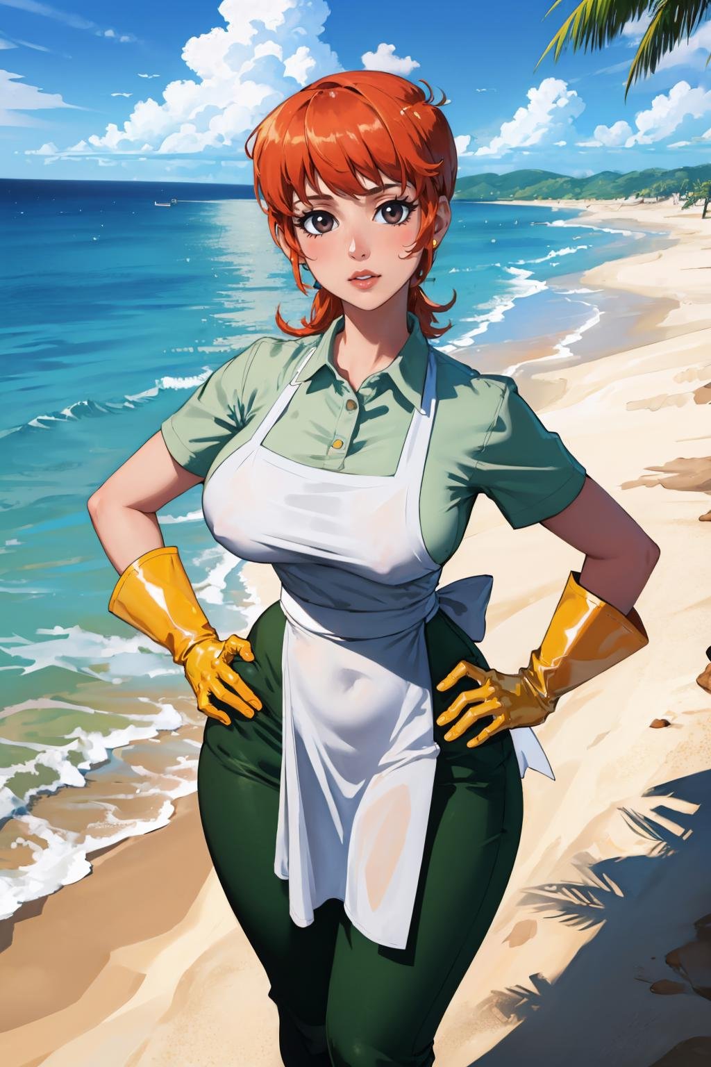 (masterpiece, best quality:1.2),  <lora:dextersmom:1>, dextersmom, 1girl, solo, looking at viewer, large breasts, wide hips, gloves, apron, jewelry, pants, shirt, desert, outdoors, ocean, hands on hips, reflection, 