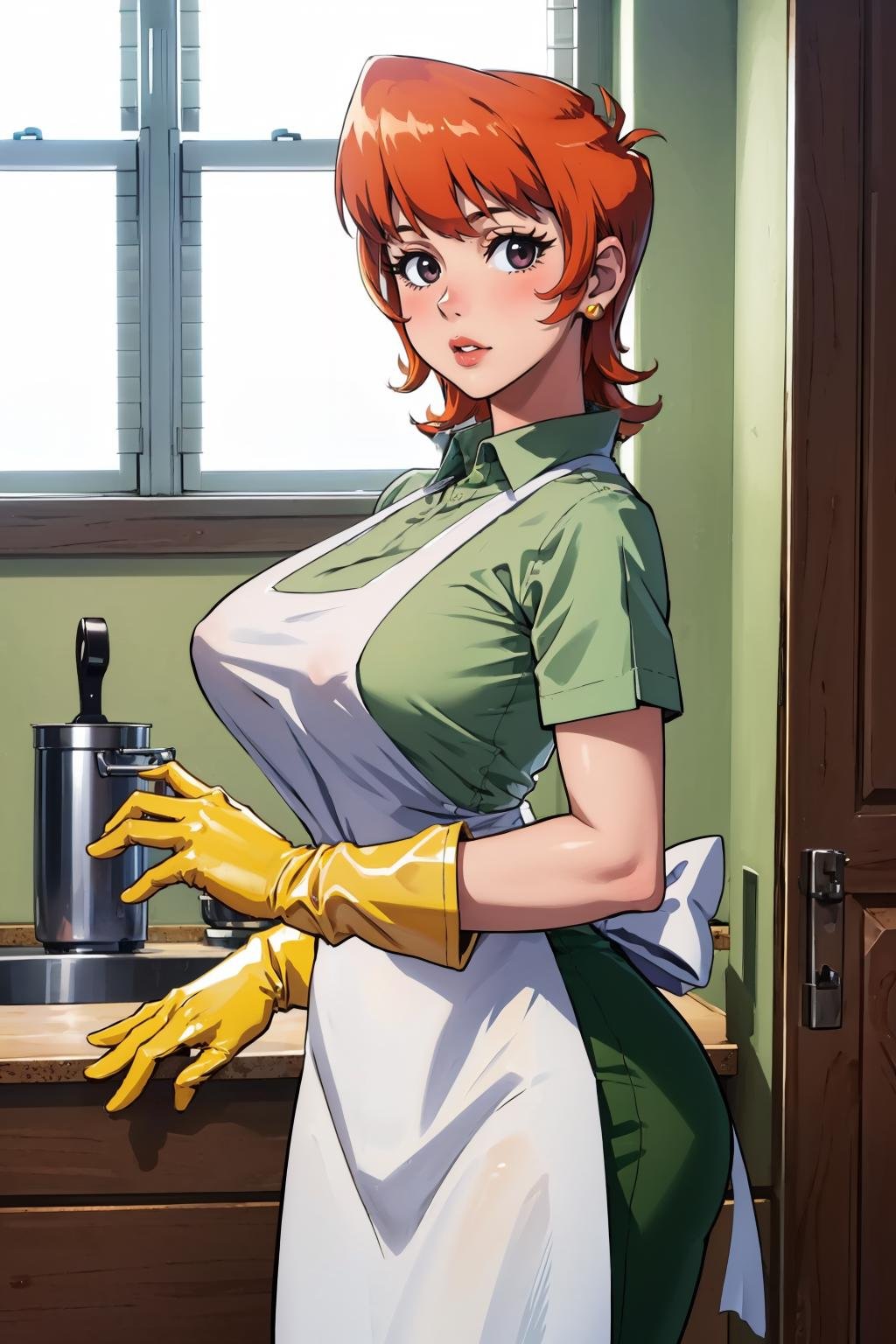 (masterpiece, best quality:1.2),  <lora:dextersmom:1>, dextersmom, 1girl, solo, looking at viewer, large breasts, gloves, apron, jewelry, pants, shirt, indoors, kitchen, window