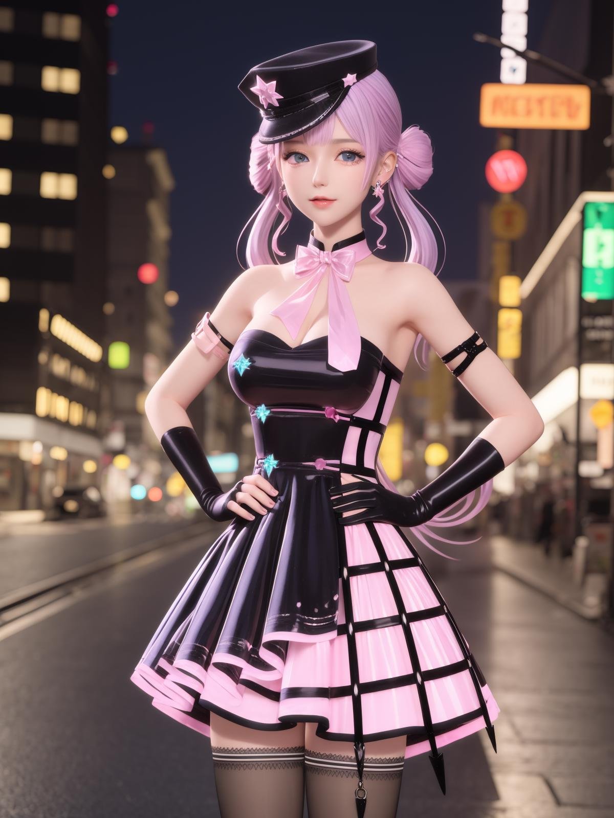 SYNNYWZY,1girl, solo,hat, thighhighs, blue eyes, twintails, jewelry,earrings, looking at viewer, very long hair, black fingerless gloves,pink hair, mature female, cityscape, night, cowboy shot, dress,  <lora:SYNNYWZYi-000006:0.75>,hands on hips,