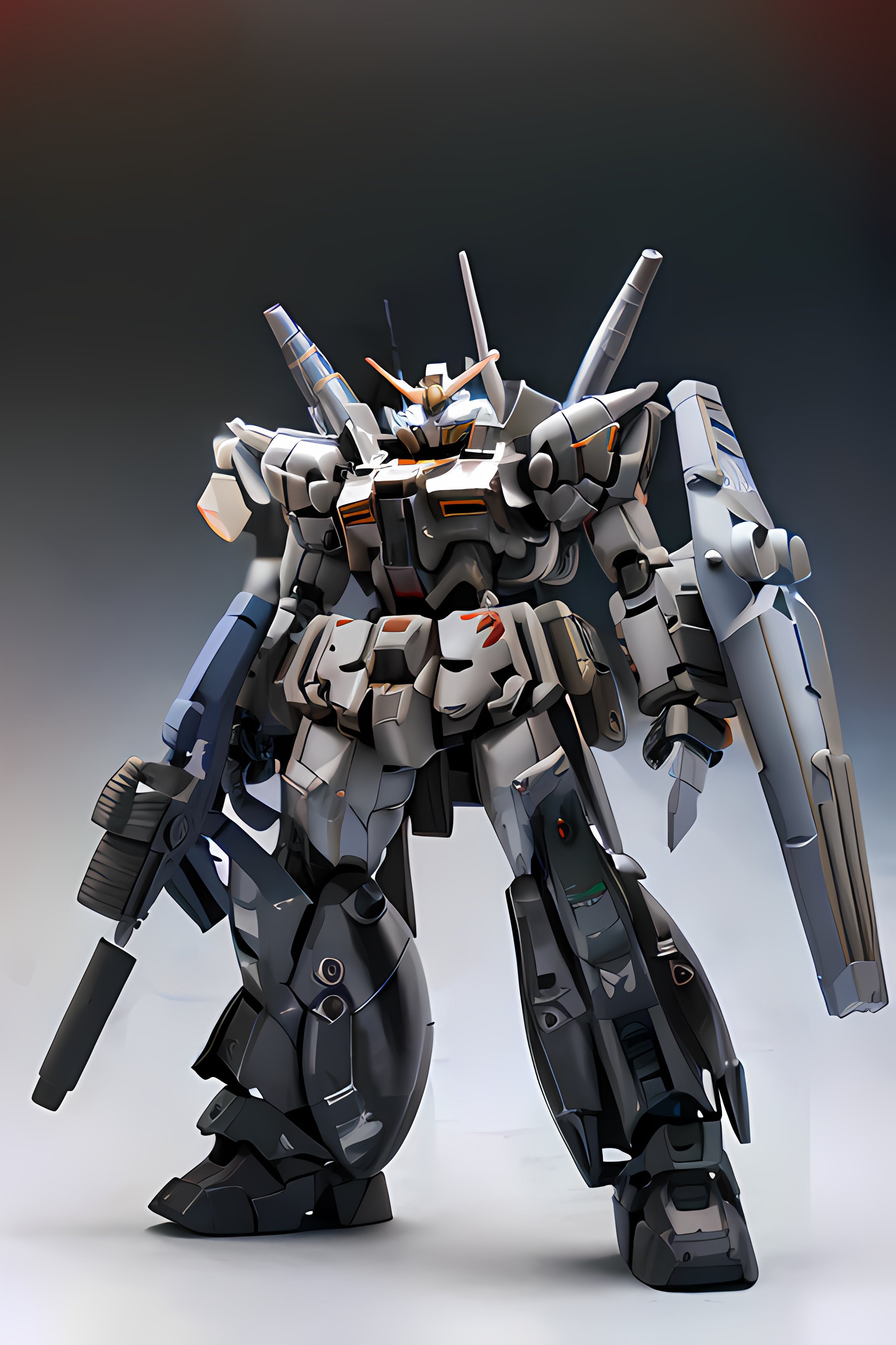 mecha,glowing, glowing eyes, gun, mecha, no humans, science fiction, transparent background, weapon,  <lora:手办20:1>