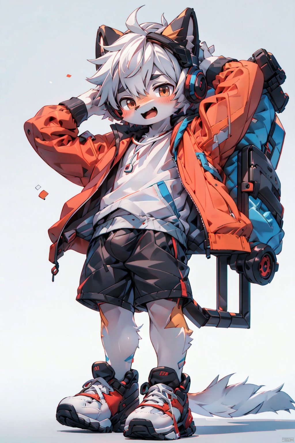  masterpiece,best quality,8K,1boy, male focus, solo, shorts, headphones, jacket, chibi, bag, shoes, brown eyes, white hair, full body, black shorts, bandaid, male child, looking at viewer, backpack, hood, standing, child, shirt, sneakers, short hair, black jacket, white shirt, grey background, closed mouth, open clothes, open jacket,red color, NJIP, furry, shota