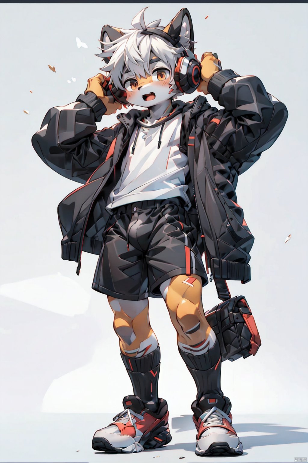  masterpiece,best quality,8K,1boy, male focus, solo, shorts, headphones, jacket, chibi, bag, shoes, brown eyes, white hair, full body, black shorts, bandaid, male child, looking at viewer, backpack, hood, standing, child, shirt, sneakers, short hair, black jacket, white shirt, grey background, closed mouth, open clothes, open jacket,red color, NJIP, furry, shota