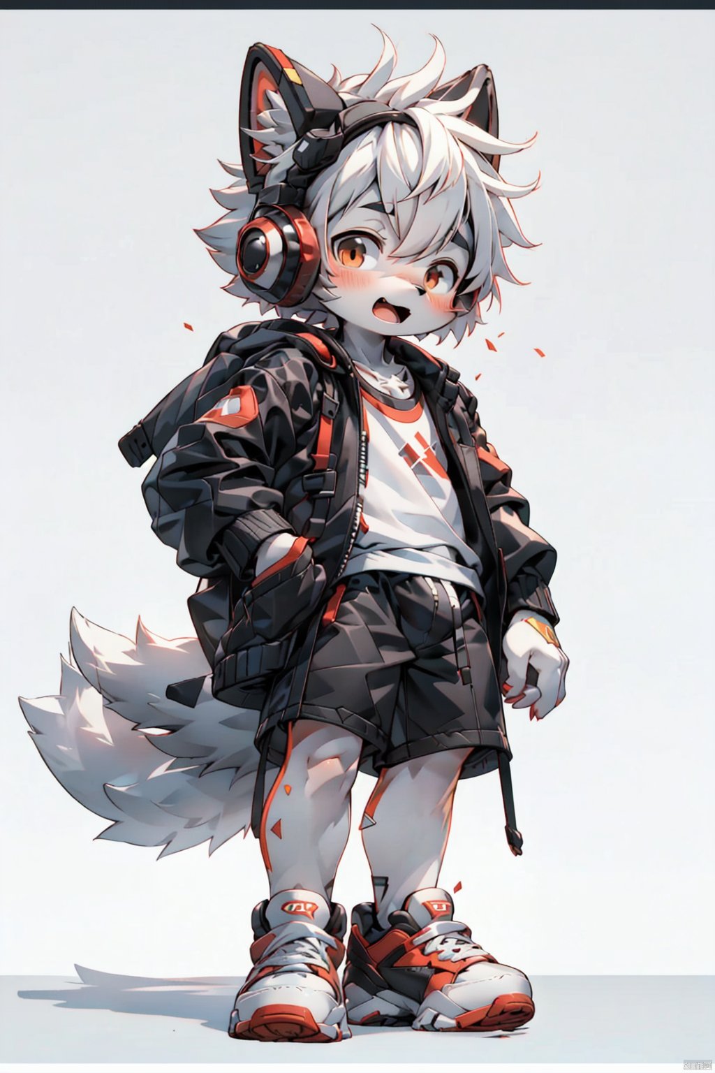  masterpiece,best quality,8K,1boy, male focus, solo, shorts, headphones, jacket, chibi, bag, shoes, brown eyes, white hair, full body, black shorts, bandaid, male child, looking at viewer, backpack, hood, standing, child, shirt, sneakers, short hair, black jacket, white shirt, grey background, closed mouth, open clothes, open jacket,red color, NJIP, furry, shota