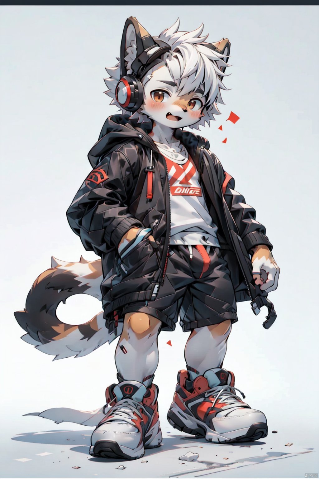  masterpiece,best quality,8K,1boy, male focus, solo, shorts, headphones, jacket, chibi, bag, shoes, brown eyes, white hair, full body, black shorts, bandaid, male child, looking at viewer, backpack, hood, standing, child, shirt, sneakers, short hair, black jacket, white shirt, grey background, closed mouth, open clothes, open jacket,red color, NJIP, furry, shota