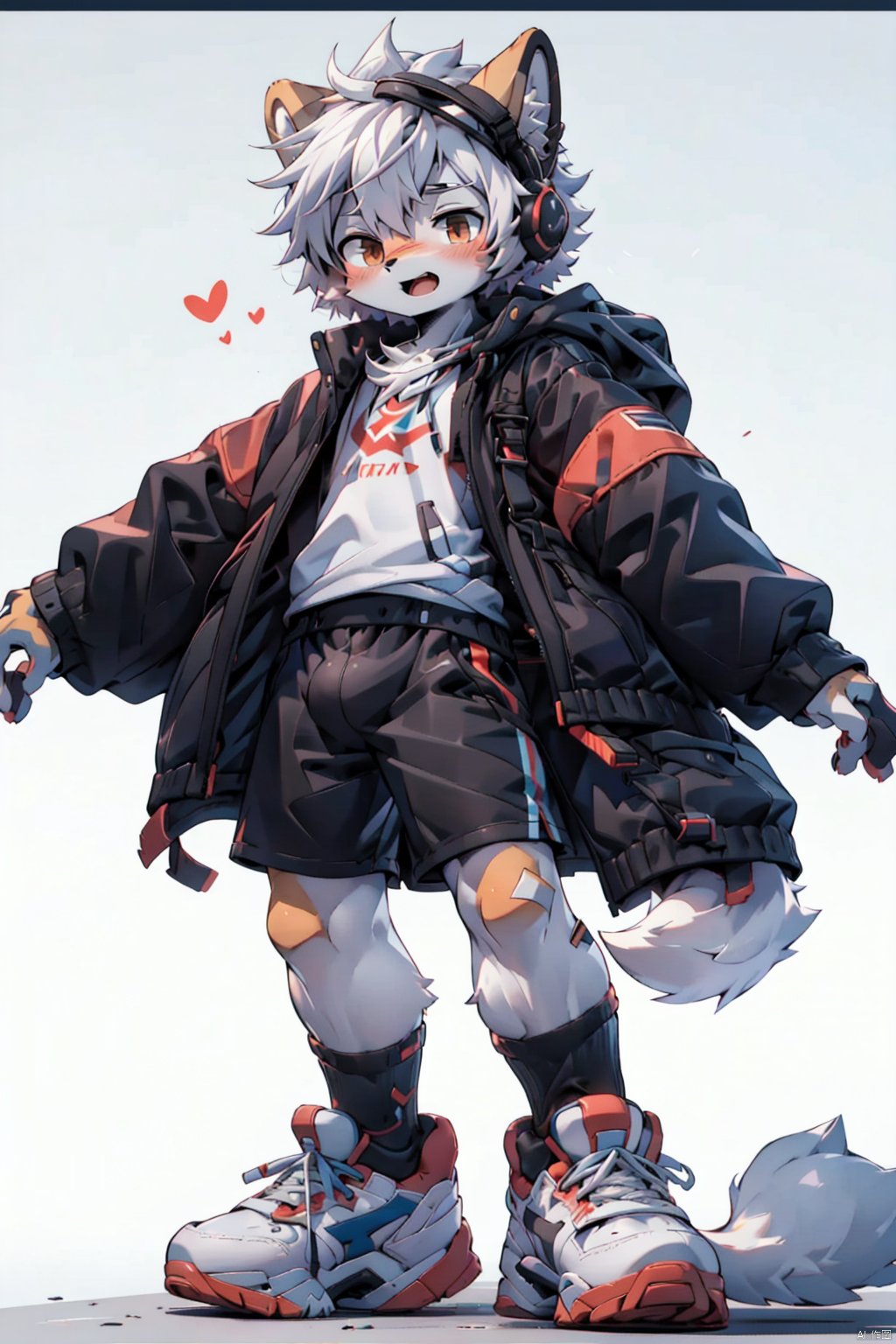  masterpiece,best quality,8K,1boy, male focus, solo, shorts, headphones, jacket, chibi, bag, shoes, brown eyes, white hair, full body, black shorts, bandaid, male child, looking at viewer, backpack, hood, standing, child, shirt, sneakers, short hair, black jacket, white shirt, grey background, closed mouth, open clothes, open jacket,red color, NJIP, furry, shota