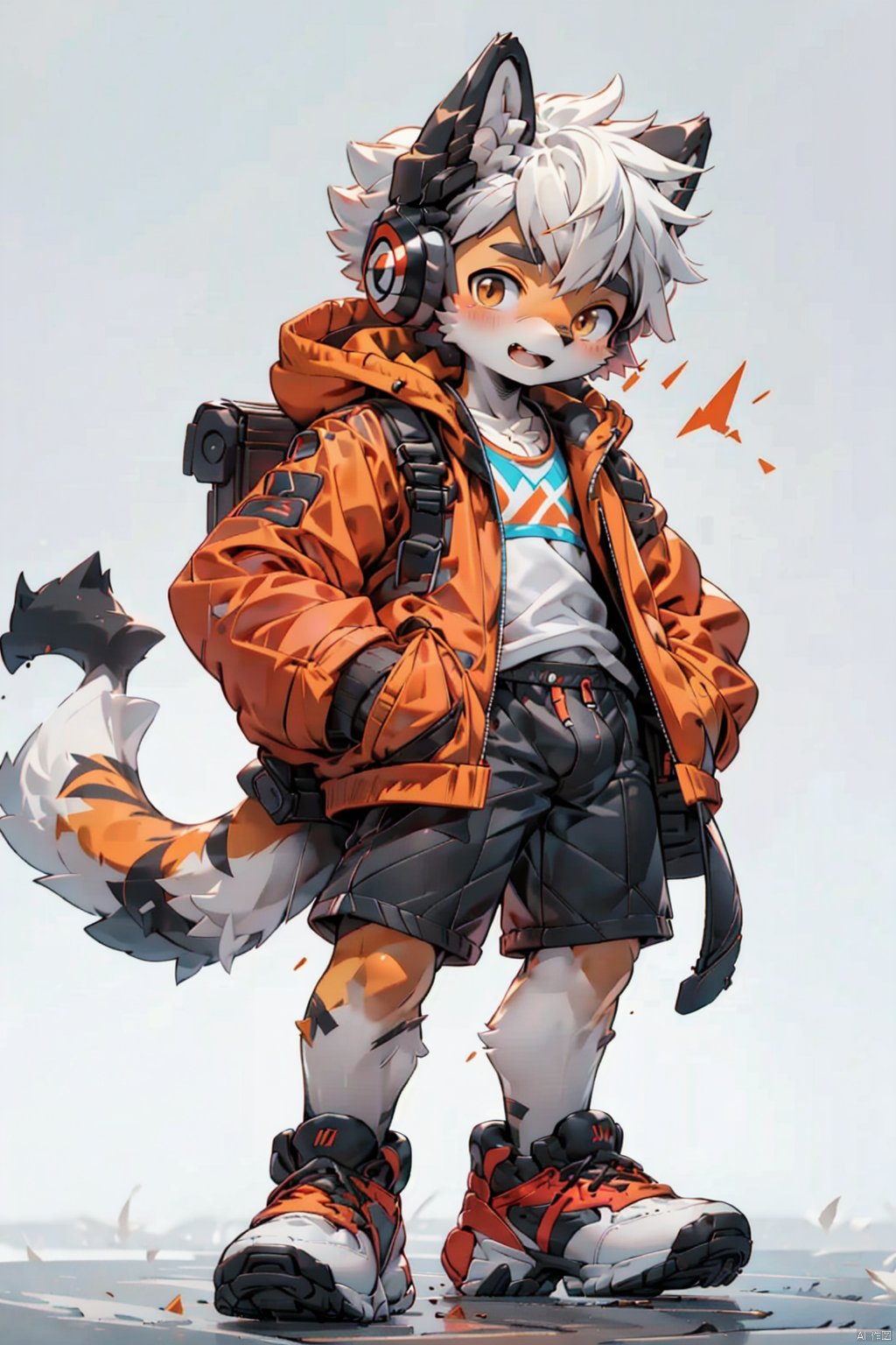  masterpiece,best quality,8K,1boy, male focus, solo, shorts, headphones, jacket, chibi, bag, shoes, brown eyes, white hair, full body, black shorts, bandaid, male child, looking at viewer, backpack, hood, standing, child, shirt, sneakers, short hair, black jacket, white shirt, grey background, closed mouth, open clothes, open jacket,red color, NJIP, furry, shota