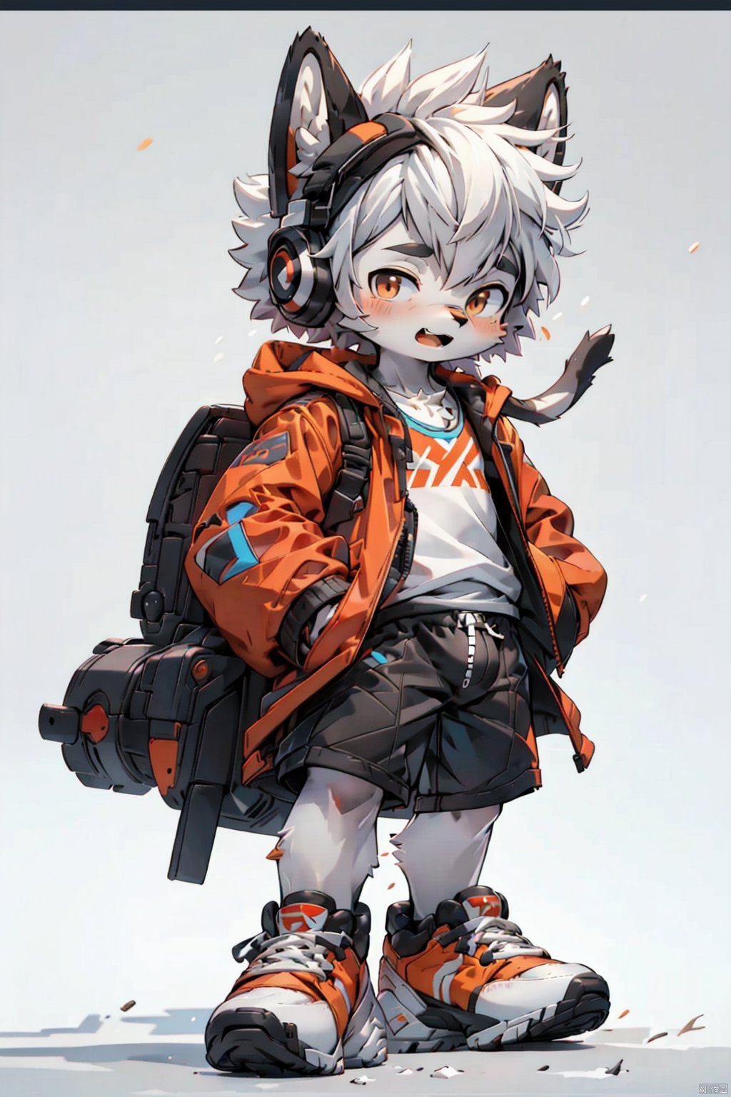  masterpiece,best quality,8K,1boy, male focus, solo, shorts, headphones, jacket, chibi, bag, shoes, brown eyes, white hair, full body, black shorts, bandaid, male child, looking at viewer, backpack, hood, standing, child, shirt, sneakers, short hair, black jacket, white shirt, grey background, closed mouth, open clothes, open jacket,red color, NJIP, furry, shota