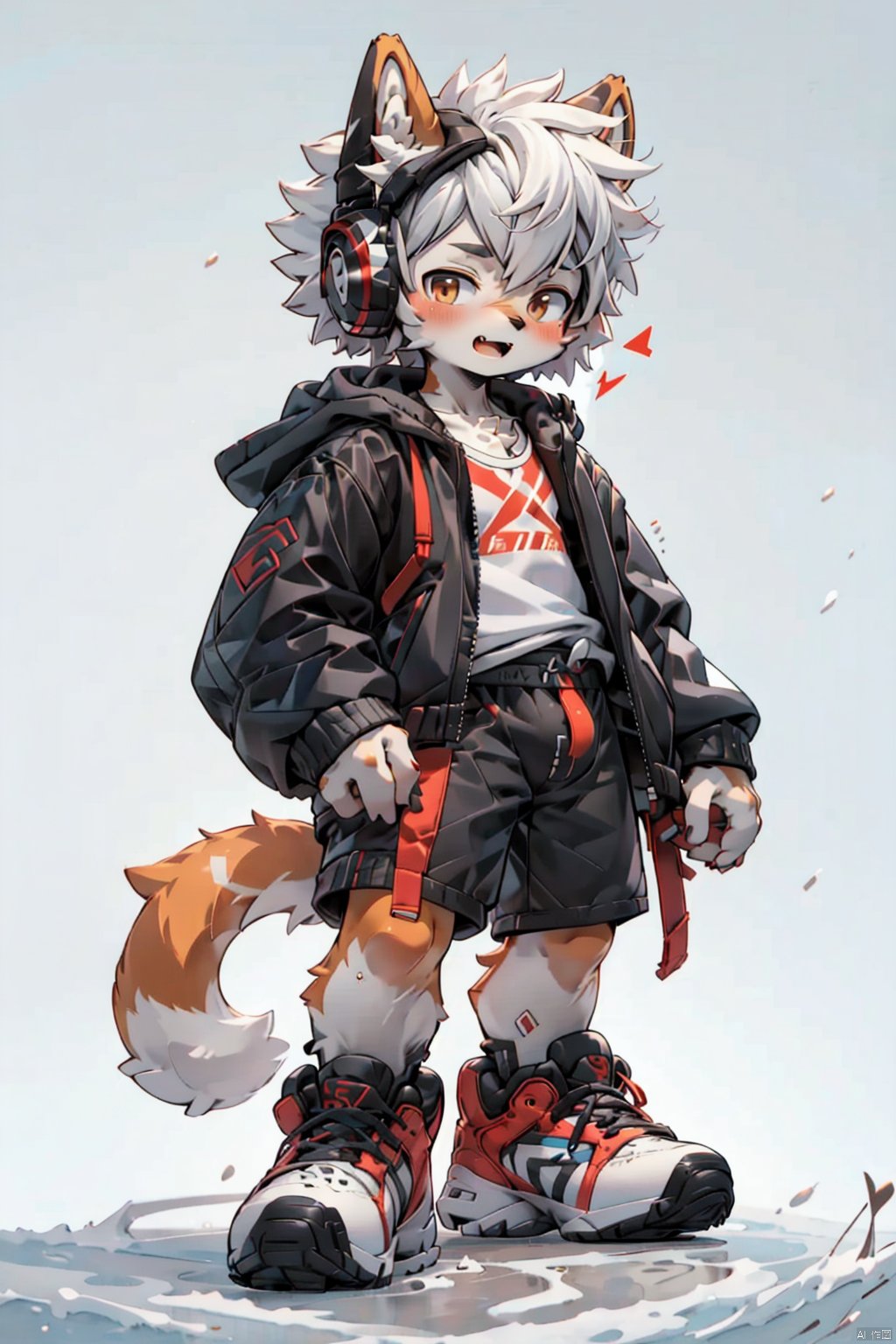  masterpiece,best quality,8K,1boy, male focus, solo, shorts, headphones, jacket, chibi, bag, shoes, brown eyes, white hair, full body, black shorts, bandaid, male child, looking at viewer, backpack, hood, standing, child, shirt, sneakers, short hair, black jacket, white shirt, grey background, closed mouth, open clothes, open jacket,red color, NJIP, furry, shota